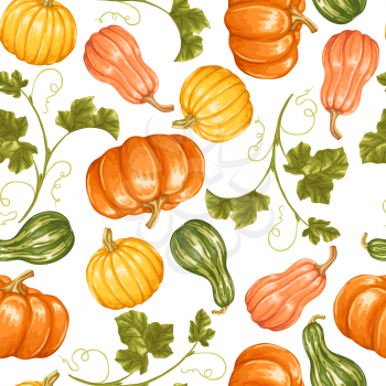 Seamless pattern with pumpkins. Decorative ornament from vegetables and leaves.