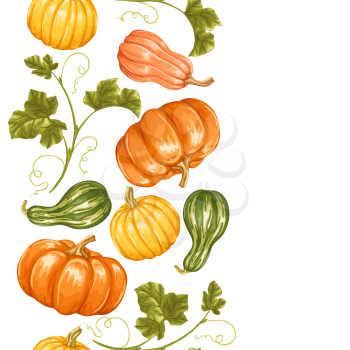 Seamless border with pumpkins. Decorative ornament from vegetables and leaves.