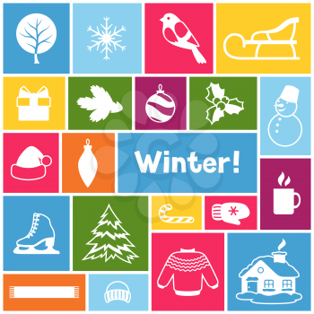 Background with winter objects. Merry Christmas, Happy New Year holiday items and symbols.