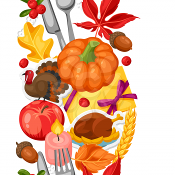 Thanksgiving Day seamless pattern. Ornament with autumn and holiday objects.