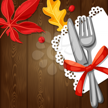 Thanksgiving Day greeting card. Background with cutlery and autumn leaves.