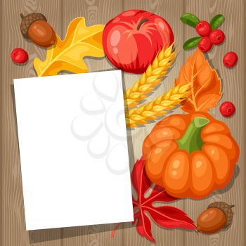 Thanksgiving Day greeting card. Background with copy space and autumn objects.