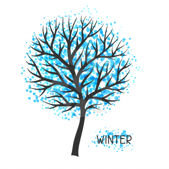 Background with winter tree. Illustration of silhouette and abstract spots.