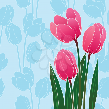 Abstract floral illustration with tulips on blue background.