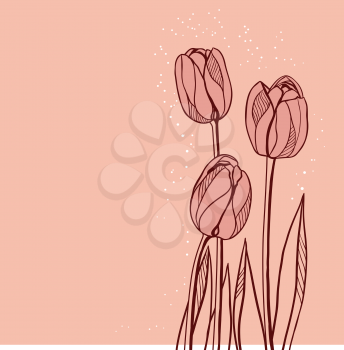 Abstract floral illustration with tulips on pink background.