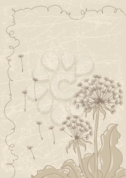 Vintage background with dandelions. Vector grunge card.