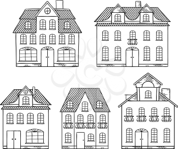 Old hand drawing houses isolated. Vector illustration.