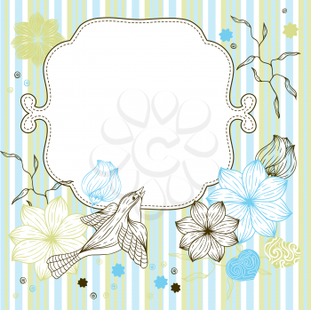 Stylish floral background, hand drawn retro flowers and birds.
