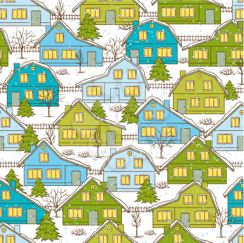 Seamless Christmas pattern with houses and trees in winter.