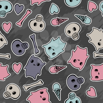 Skulls, and hearts on black background - seamless pattern