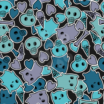 Skulls, and hearts on black background - seamless pattern.