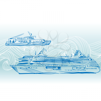 Cruise ships vector background. Engraving Nautical design.