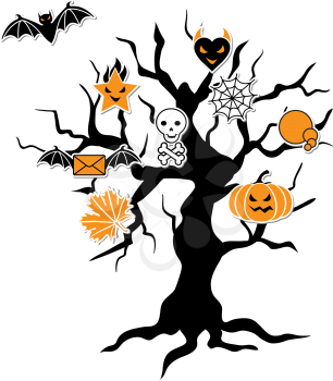 Set of cute vector Halloween icons in terrible tree.