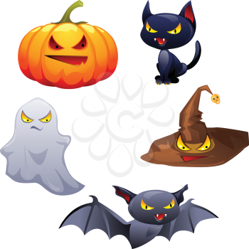Vector collection of Halloween-related objects and creatures.