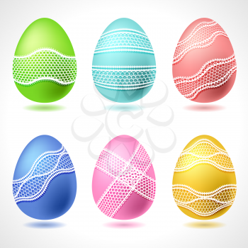 Set of 6 vector Easter Eggs with lace ribbon.