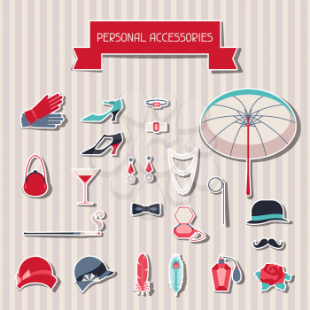 Retro personal accessories stickers of 1920s style.