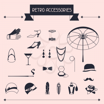 Retro personal accessories, icons and objects of 1920s style.