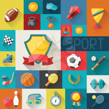 Background with sport icons in flat design style.