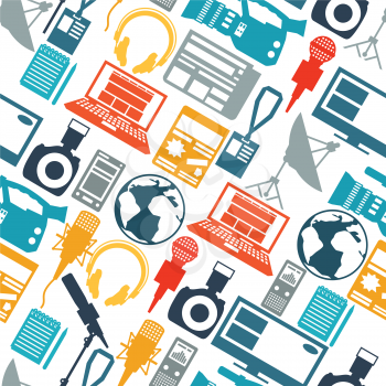 Seamless pattern with journalism icons. Mass media and press conference concept symbols in flat style.