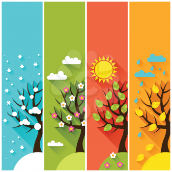 Vertical banners with winter spring summer autumn trees.