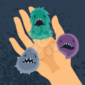Background with little angry viruses, microbes and hand.