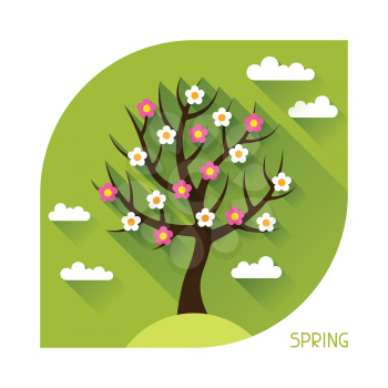 Seasonal illustration with spring tree in flat design style.