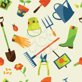 Seamless pattern with garden design elements and icons.