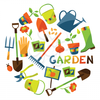 Background with garden design elements and icons.