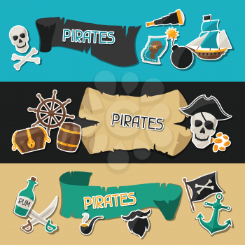 Banners on pirate theme with stickers and objects.