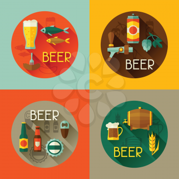 Backgrounds with beer icons and objects in flat style.