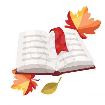 Open book with bookmark and autumn leaves.