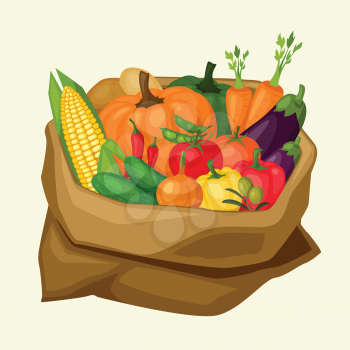 Illustration of stylized sack with fresh ripe vegetables.