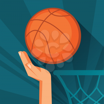 Sports illustration hand shot basketball ball through hoop.