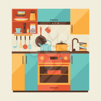 Card with kitchen interior and cooking utensils in retro style.
