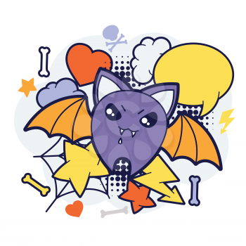 Halloween kawaii print or card with cute doodle bat.