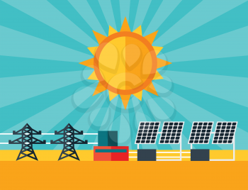 Illustration of solar energy power plant in flat style.