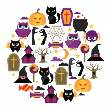 Happy halloween greeting card with flat icons.