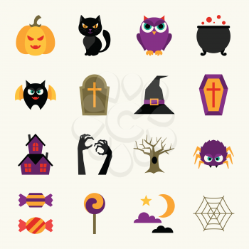 Happy halloween icon set in flat design style.