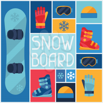 Sports background with snowboard equipment flat icons.