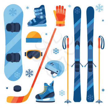 Winter sports equipment icons set in flat design style.