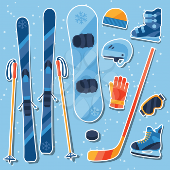 Winter sports equipment sticker icons set in flat design style.