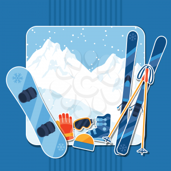 Winter sports background with equipment sticker flat icons.