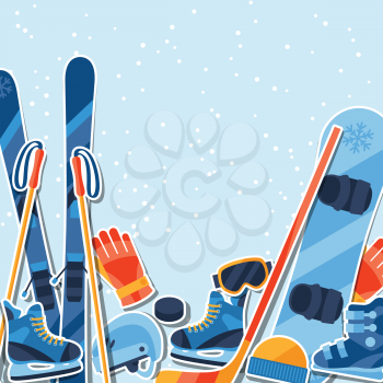 Winter sports background with equipment sticker flat icons.