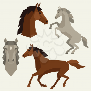 Set of horses different poses in flat style.
