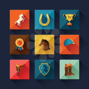 Icon set with horse equipment in flat style.