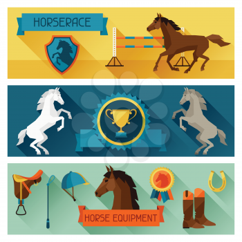 Horizontal banners with horse equipment in flat style.