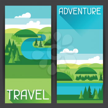 Banners with illustration of river landscape and fields in flat style.