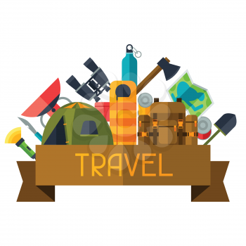 Tourist background with camping equipment in flat style.