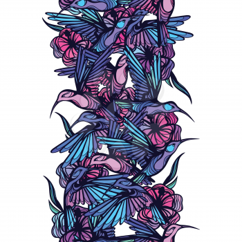 Flying tropical hummingbirds with flowers seamless pattern.
