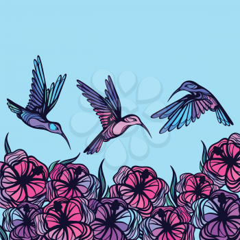 Flying tropical stylized hummingbirds with flowers background.